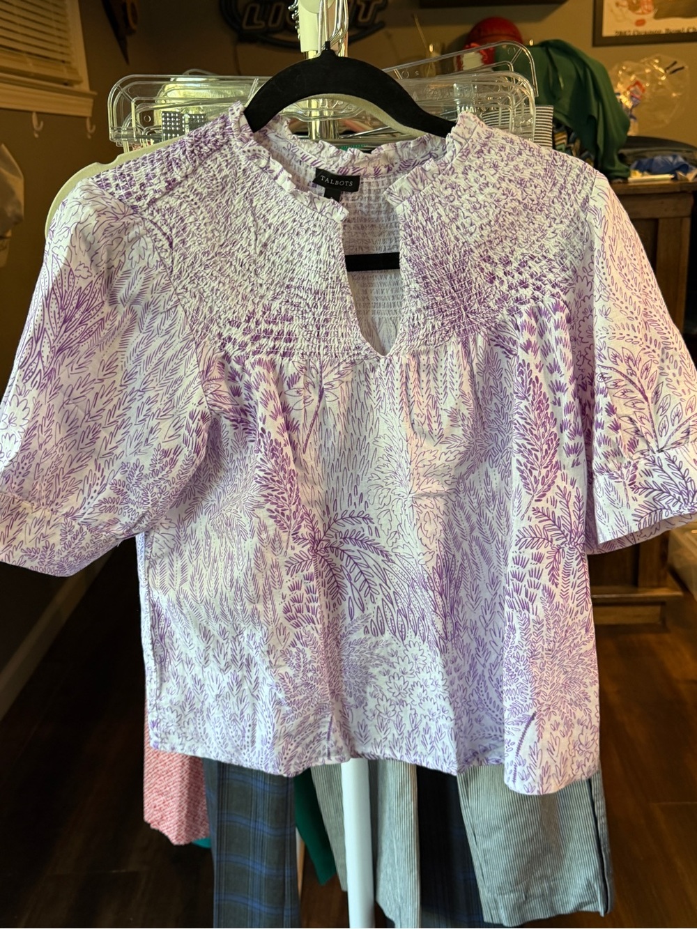Talbots Lavender Botanical Smocked Short-Sleeve Blouse